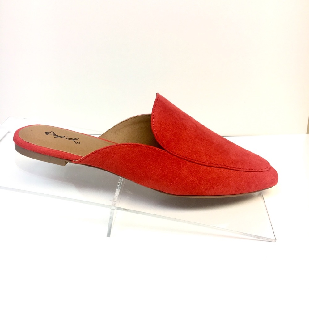 Classic Loafer Mules in Red-Orange Faux Suede